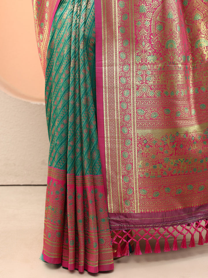Green Woven Design Silk Blend Sarees With Unstitched Blouse Piece