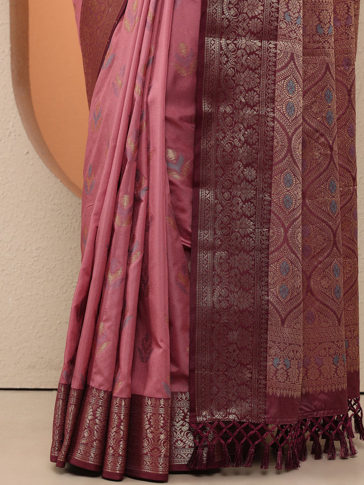 Pink Woven Design Silk Blend Saree With Unstitched Blouse Piece