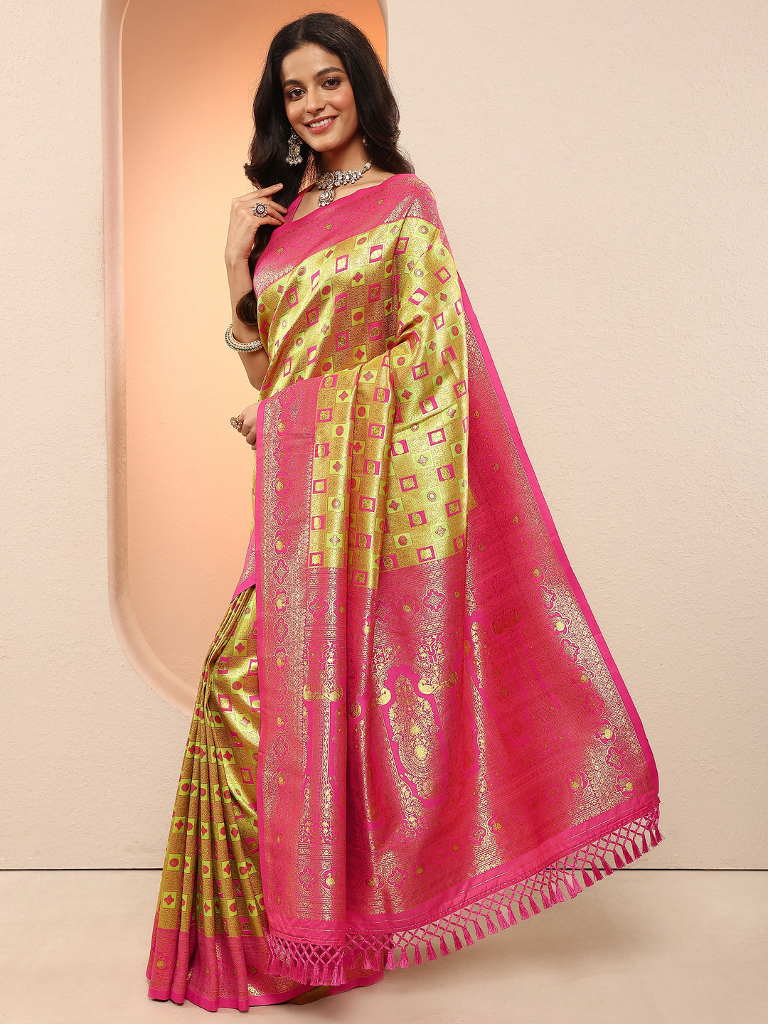 Gold Woven Design Silk Blend Sarees With Unstitched Blouse Piece