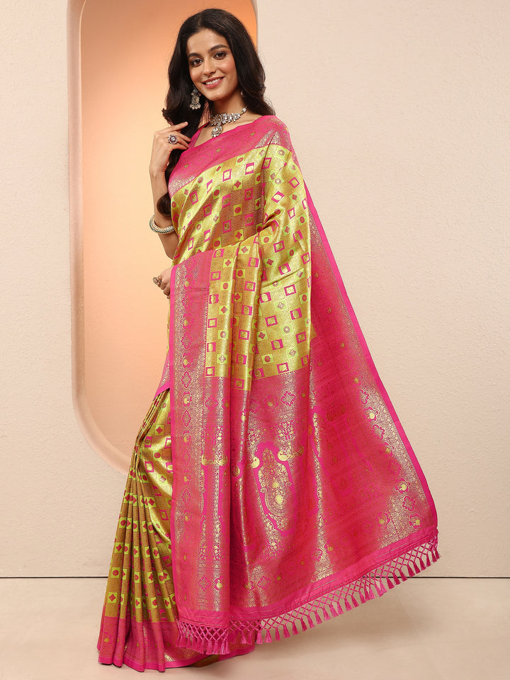 Gold Woven Design Silk Blend Sarees With Unstitched Blouse Piece