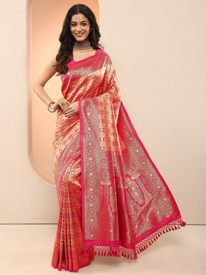 Gold Woven Design Silk Blend Sarees With Unstitched Blouse Piece