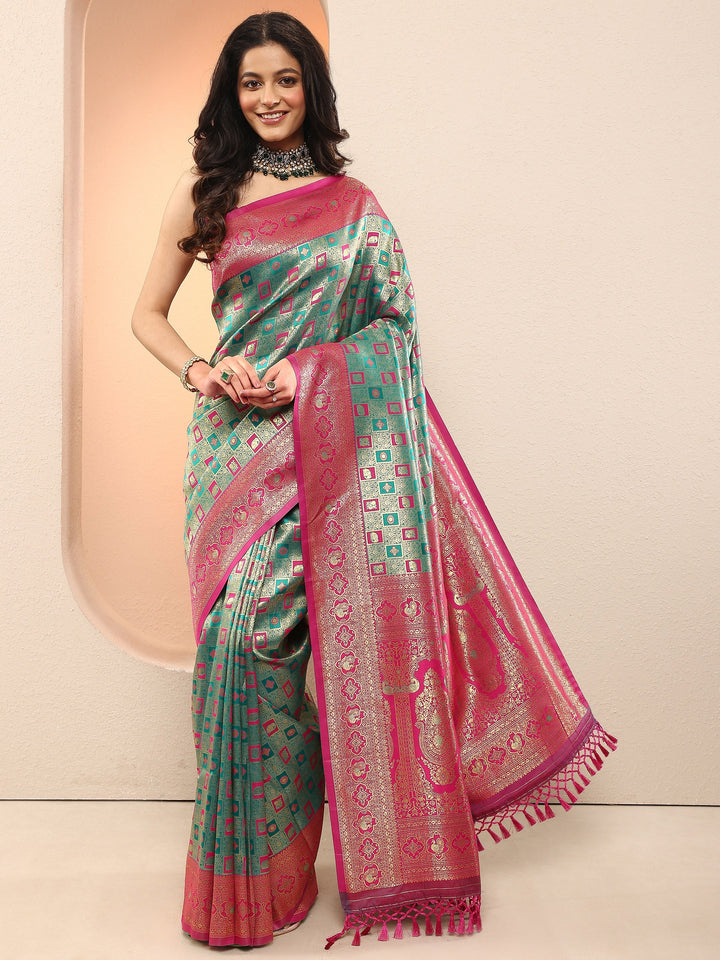 Green Woven Design Silk Blend Sarees With Unstitched Blouse Piece