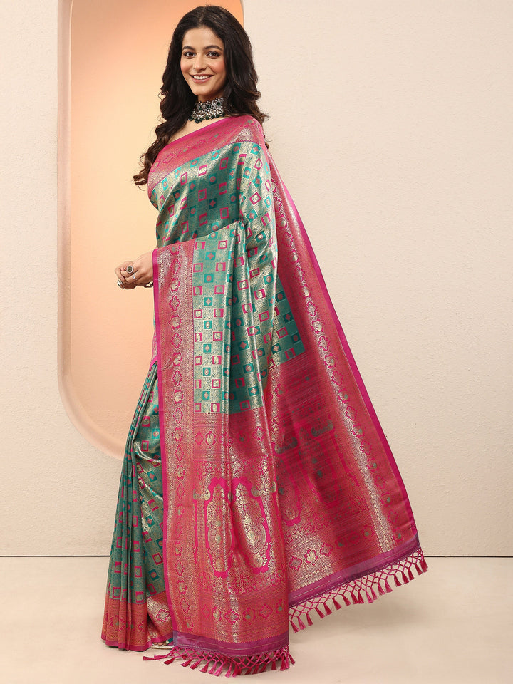 Green Woven Design Silk Blend Sarees With Unstitched Blouse Piece