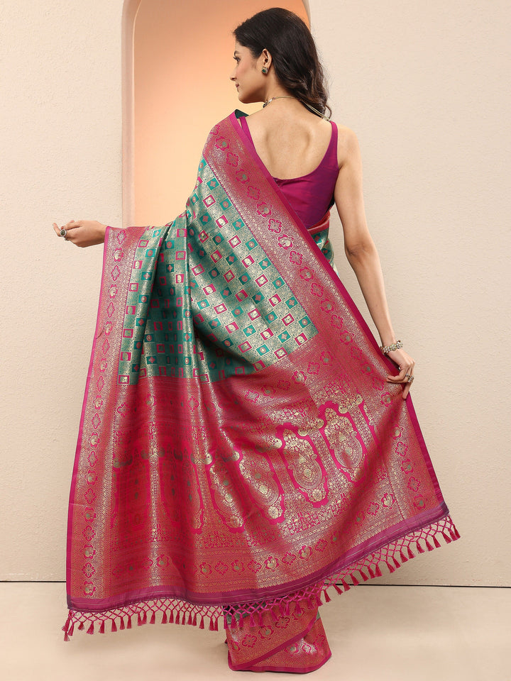 Green Woven Design Silk Blend Sarees With Unstitched Blouse Piece