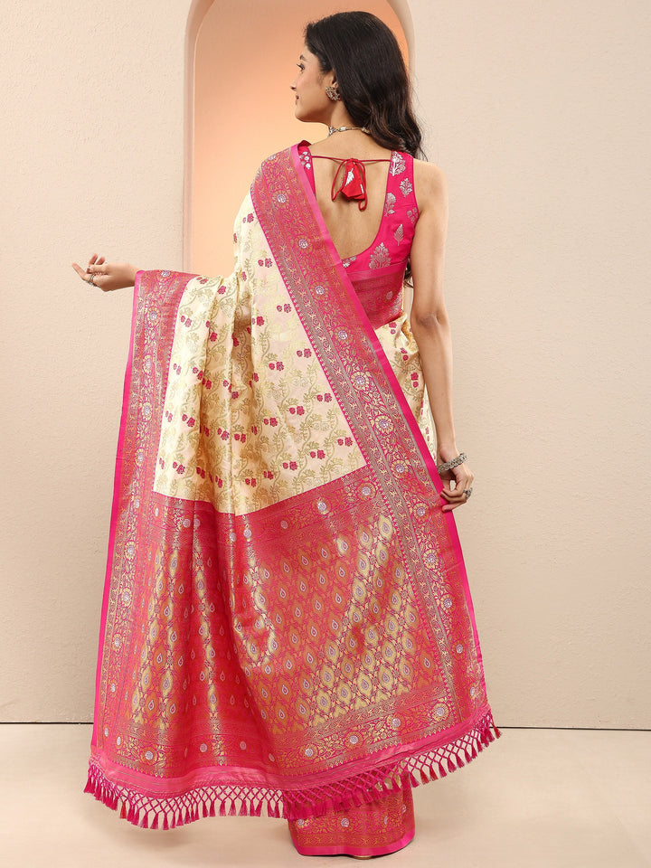 Cream Woven Design Silk Blend Sarees With Unstitched Blouse Piece