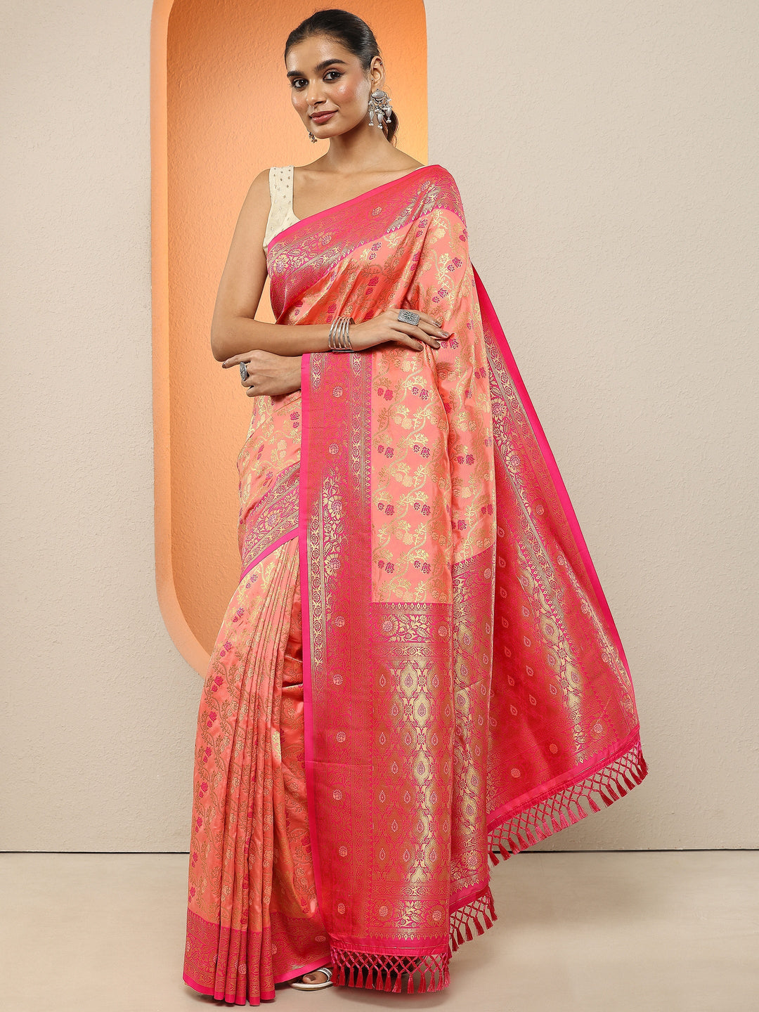Peach Woven Design Silk Blend Sarees With Unstitched Blouse Piece