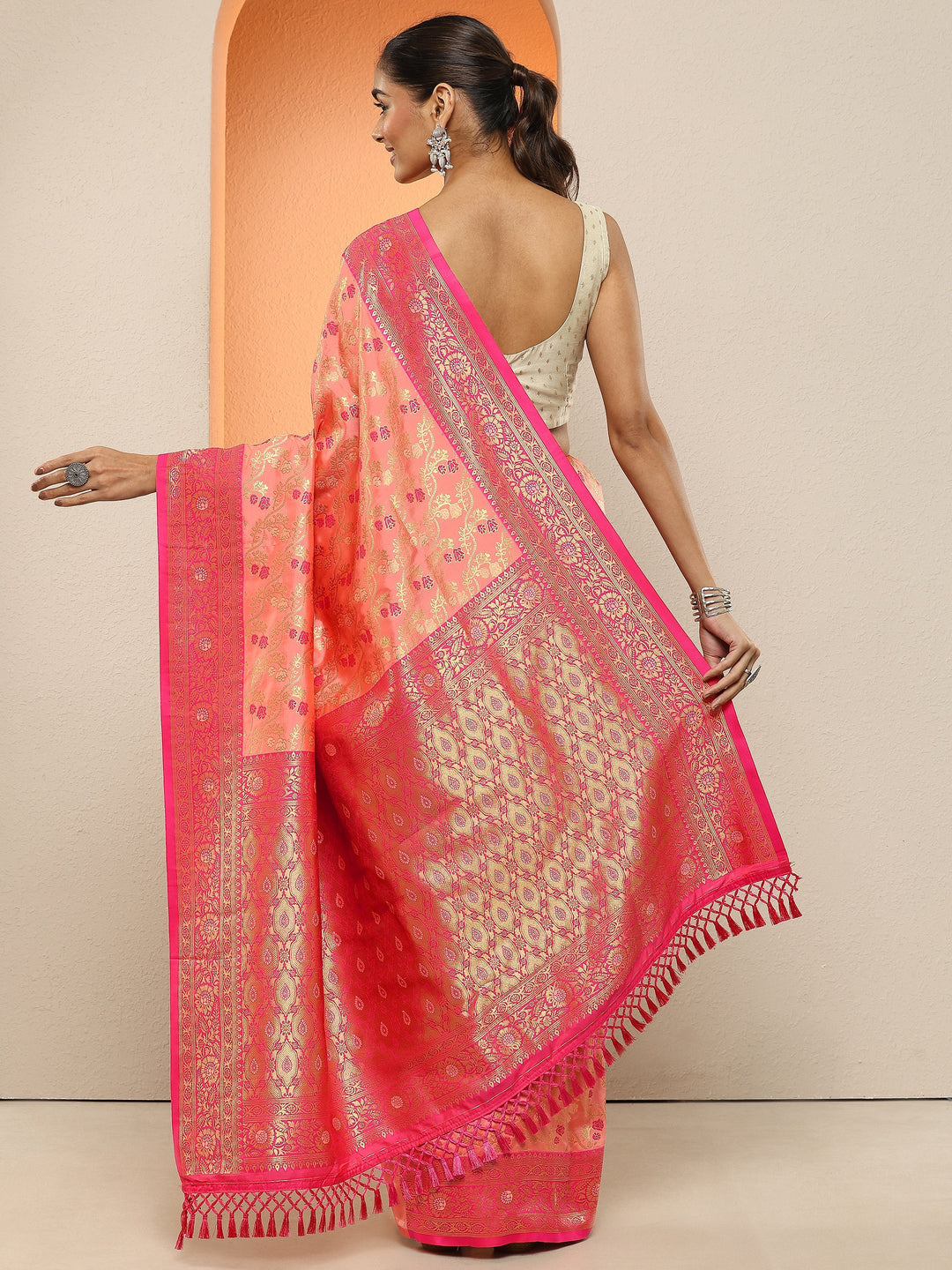 Peach Woven Design Silk Blend Sarees With Unstitched Blouse Piece