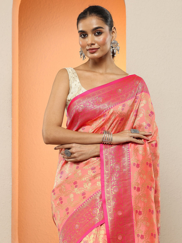 Peach Woven Design Silk Blend Sarees With Unstitched Blouse Piece