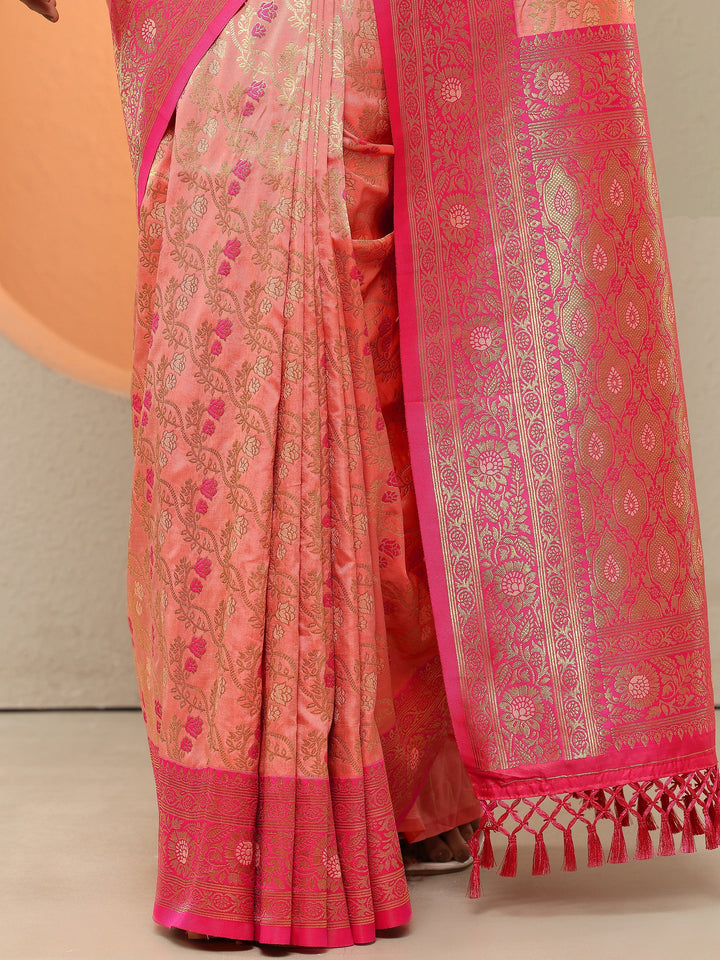 Peach Woven Design Silk Blend Sarees With Unstitched Blouse Piece