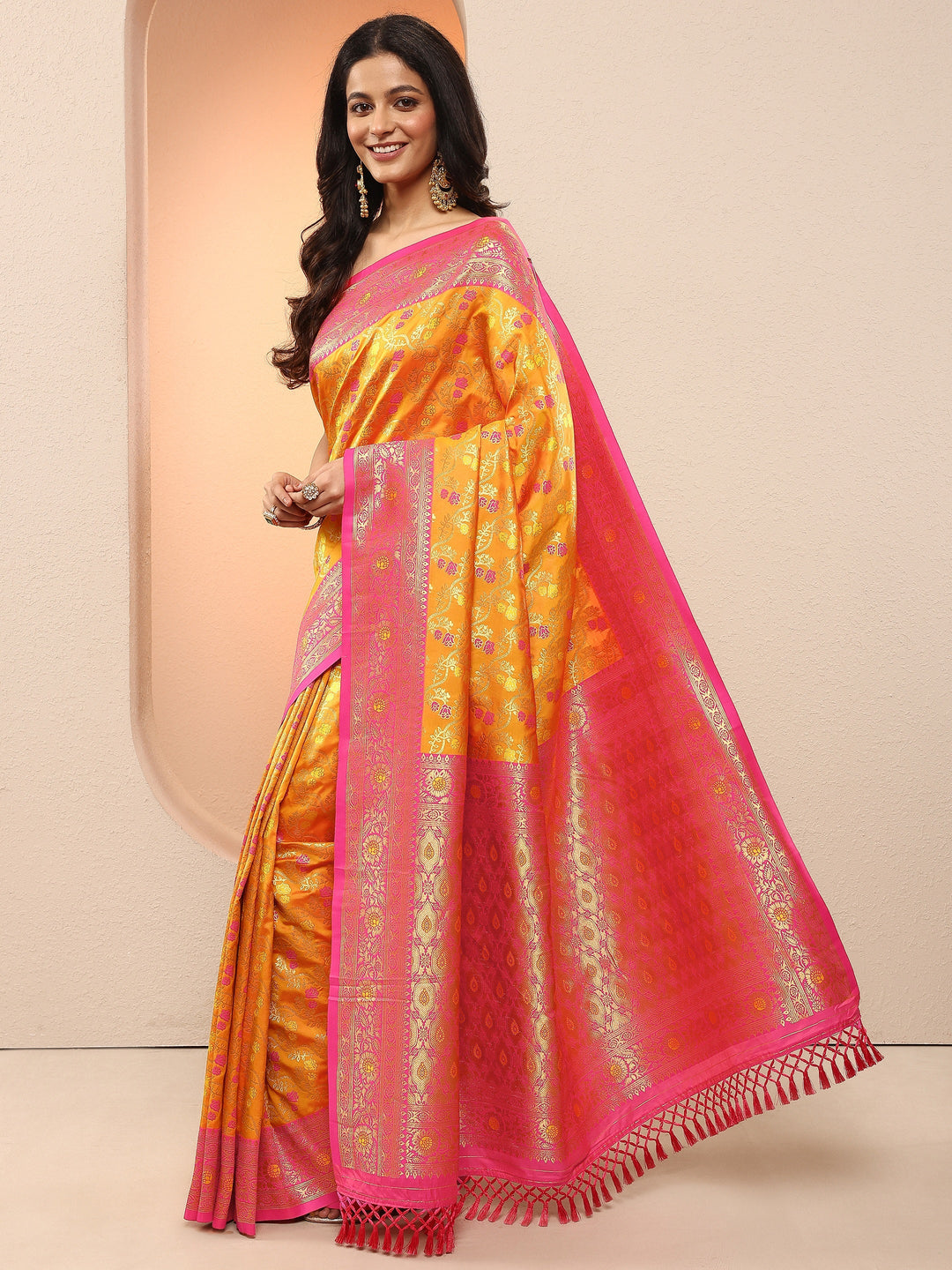 Mustard Woven Design Silk Blend Sarees With Unstitched Blouse Piece
