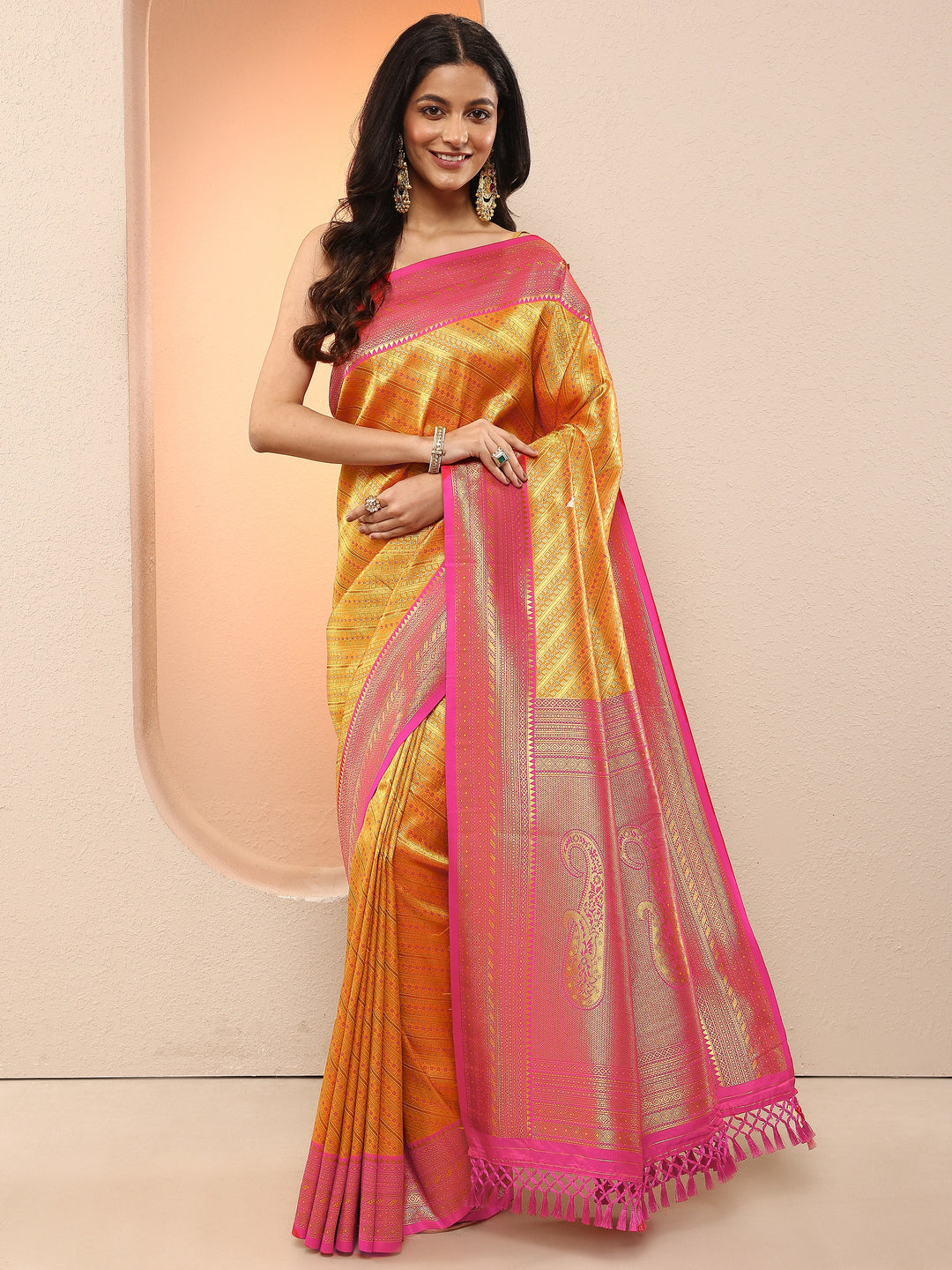 Mustard Woven Design Silk Blend Sarees With Unstitched Blouse Piece