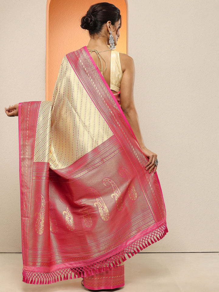 Cream Woven Design Silk Blend Sarees With Unstitched Blouse Piece