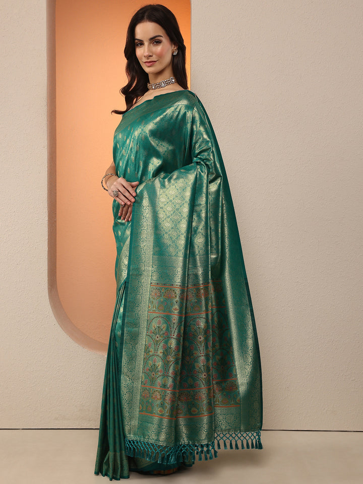 Green Woven Design Silk Blend Saree With Unstitched Blouse Piece