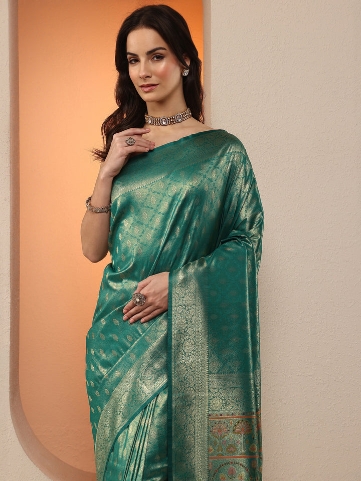 Green Woven Design Silk Blend Saree With Unstitched Blouse Piece