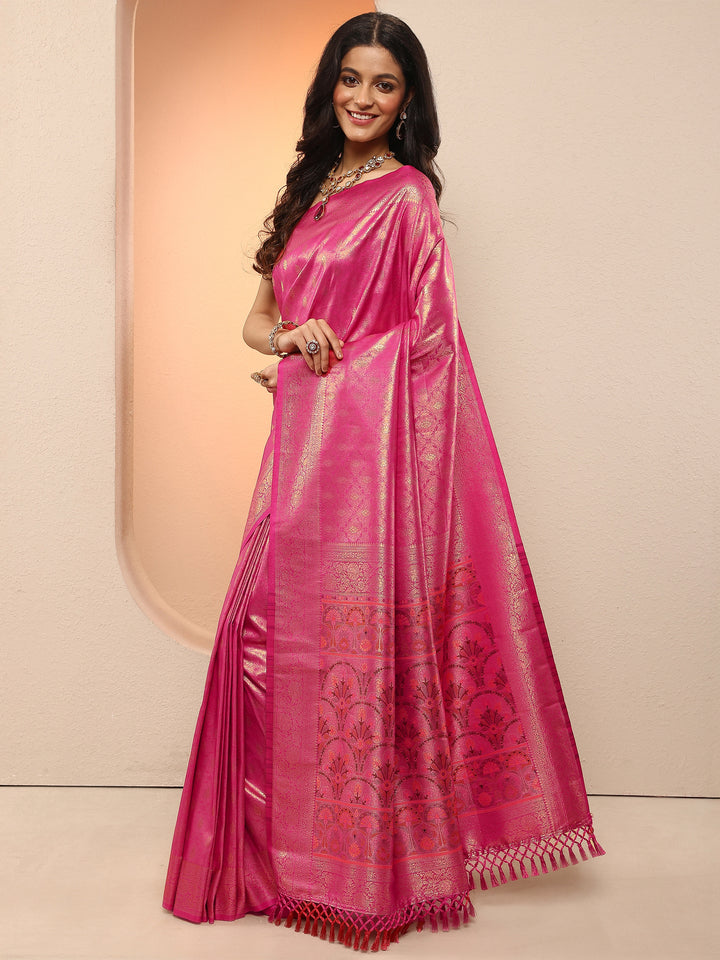 Pink Woven Design Silk Blend Sarees With Unstitched Blouse Piece