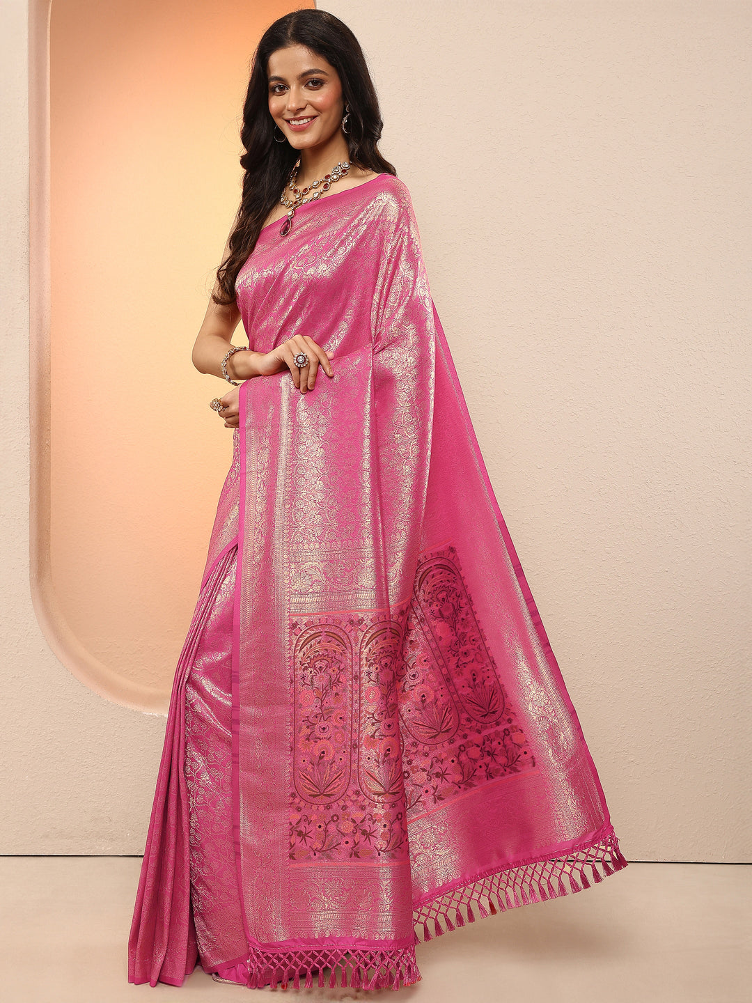 Pink Woven Design Silk Blend Sarees With Unstitched Blouse Piece