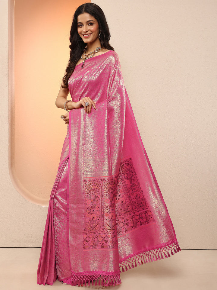Pink Woven Design Silk Blend Sarees With Unstitched Blouse Piece