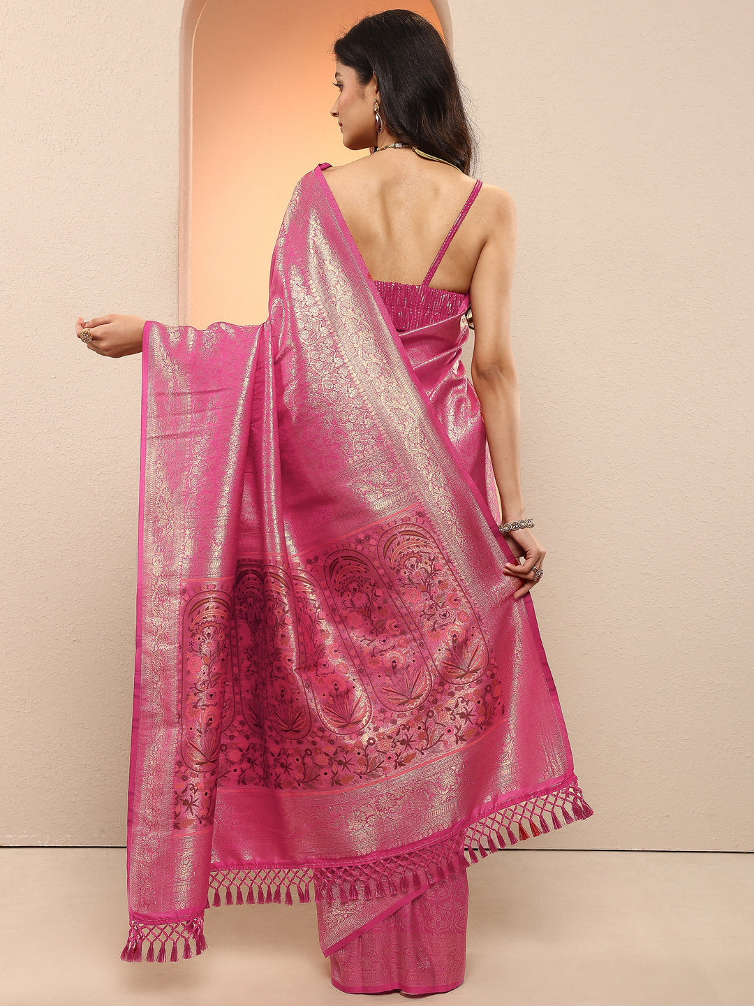 Pink Woven Design Silk Blend Sarees With Unstitched Blouse Piece