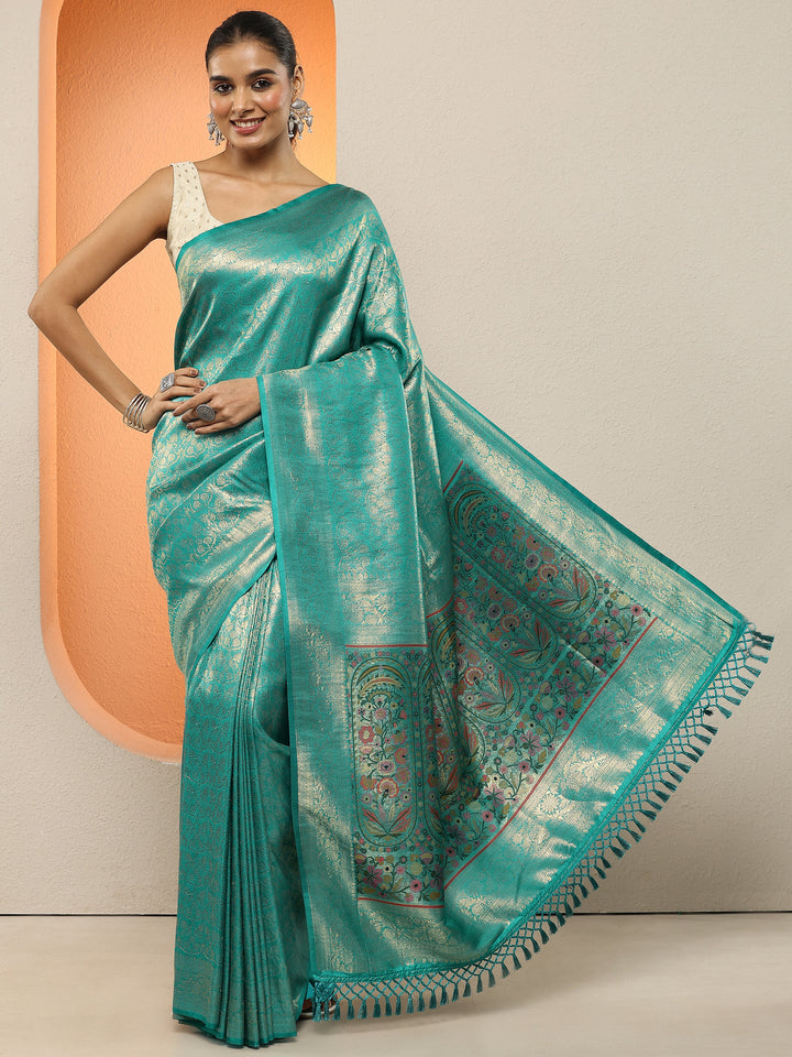 Green Woven Design Silk Blend Sarees With Unstitched Blouse Piece