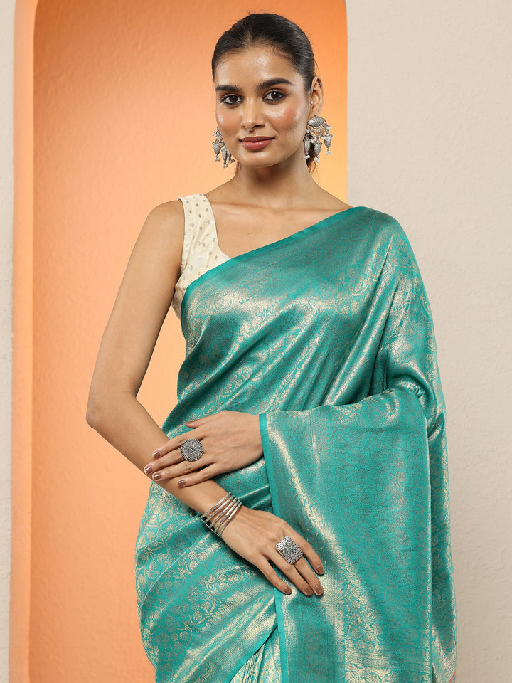 Green Woven Design Silk Blend Sarees With Unstitched Blouse Piece