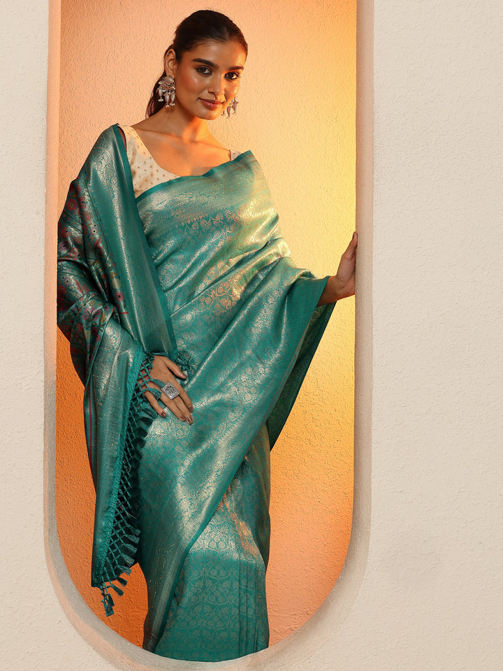 Green Woven Design Silk Blend Sarees With Unstitched Blouse Piece