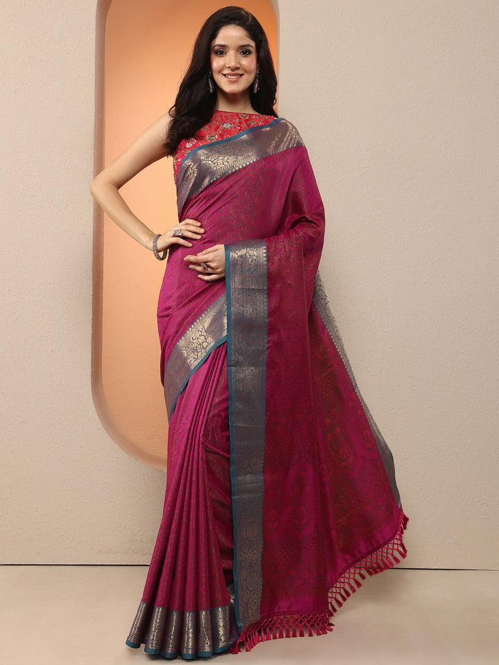 Magenta Woven Design Silk Blend Saree With Unstitched Blouse Piece