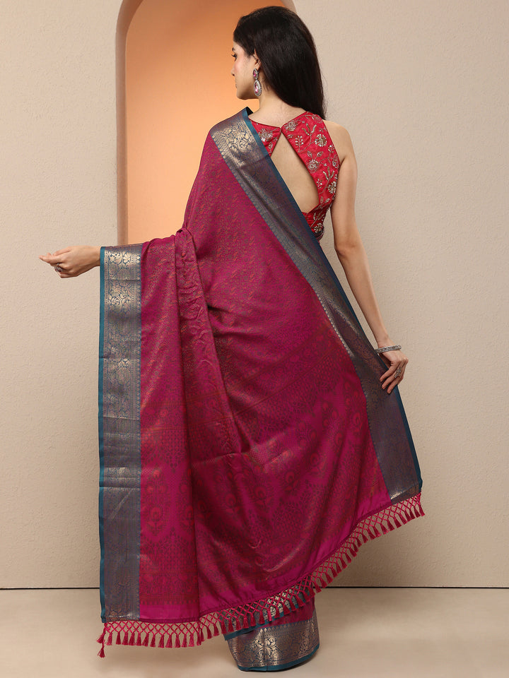 Magenta Woven Design Silk Blend Saree With Unstitched Blouse Piece