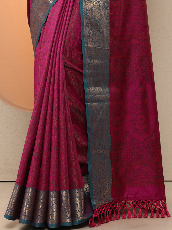 Magenta Woven Design Silk Blend Saree With Unstitched Blouse Piece