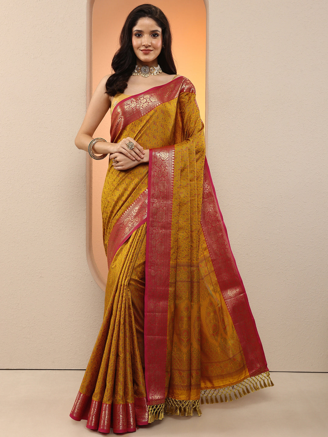 Mustard Woven Design Silk Blend Saree With Unstitched Blouse Piece