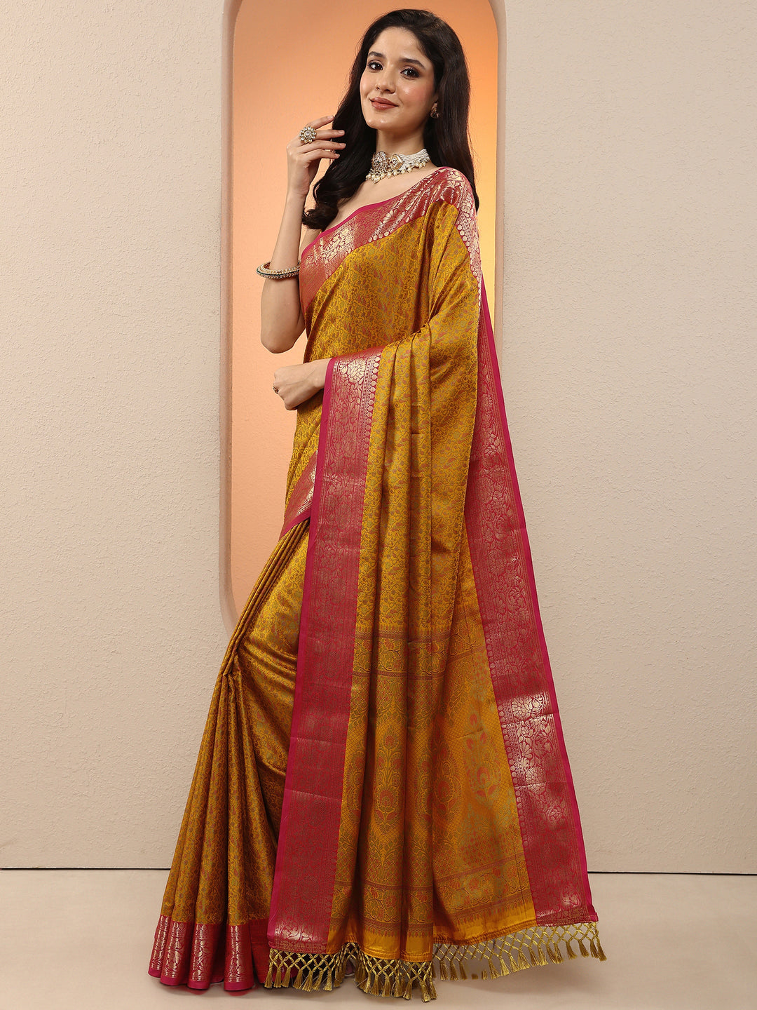 Mustard Woven Design Silk Blend Saree With Unstitched Blouse Piece