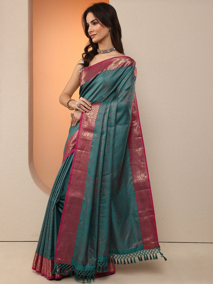 Green Woven Design Silk Blend Saree With Unstitched Blouse Piece