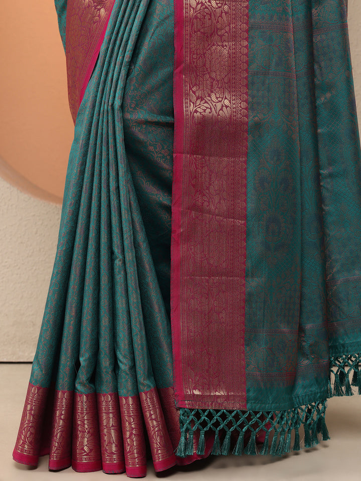 Green Woven Design Silk Blend Saree With Unstitched Blouse Piece