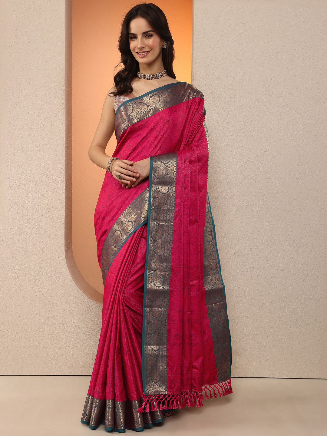 Pink Woven Design Silk Blend Saree With Unstitched Blouse Piece