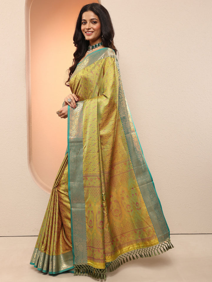 Green Woven Design Silk Blend Sarees With Unstitched Blouse Piece