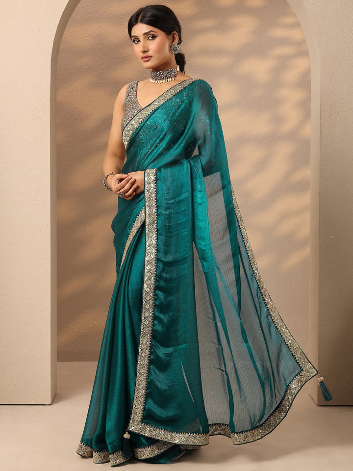 Teal Solid Silk Blend Saree With Unstitched Blouse Piece