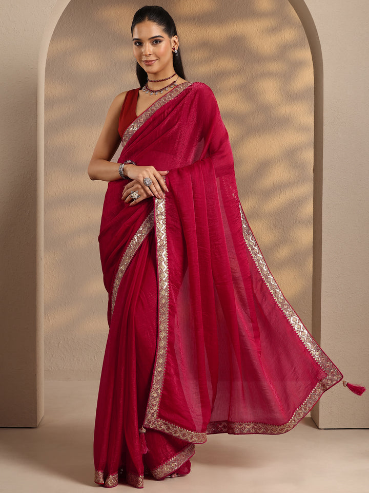 Red Solid Silk Blend Saree With Unstitched Blouse Piece