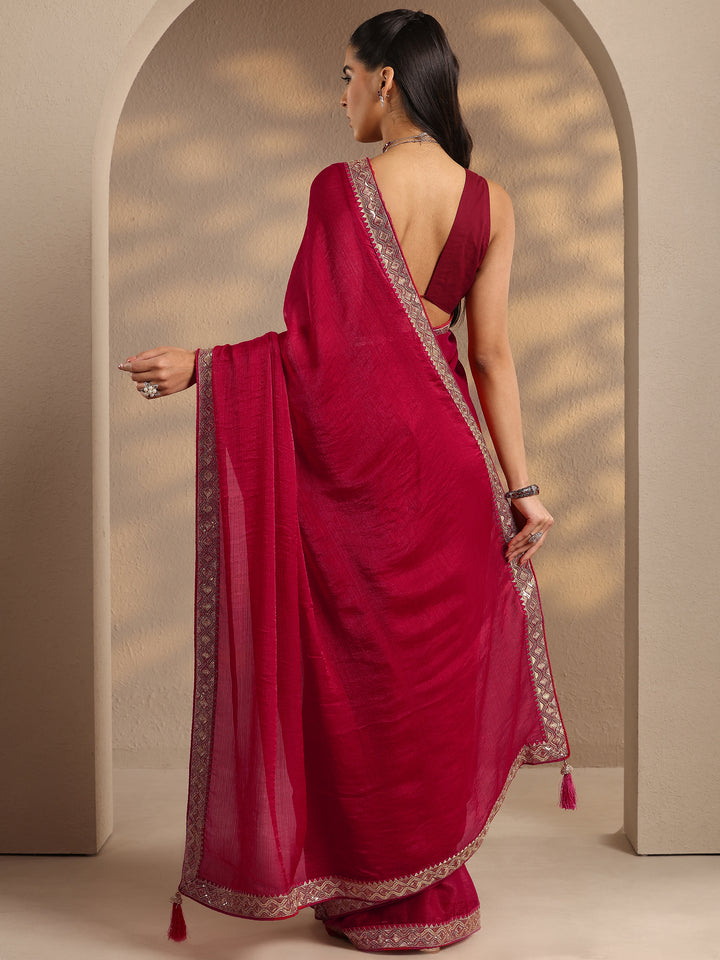 Red Solid Silk Blend Saree With Unstitched Blouse Piece
