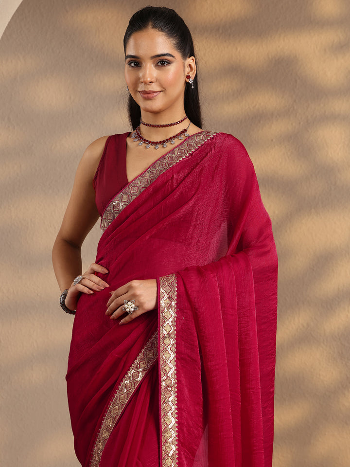 Red Solid Silk Blend Saree With Unstitched Blouse Piece