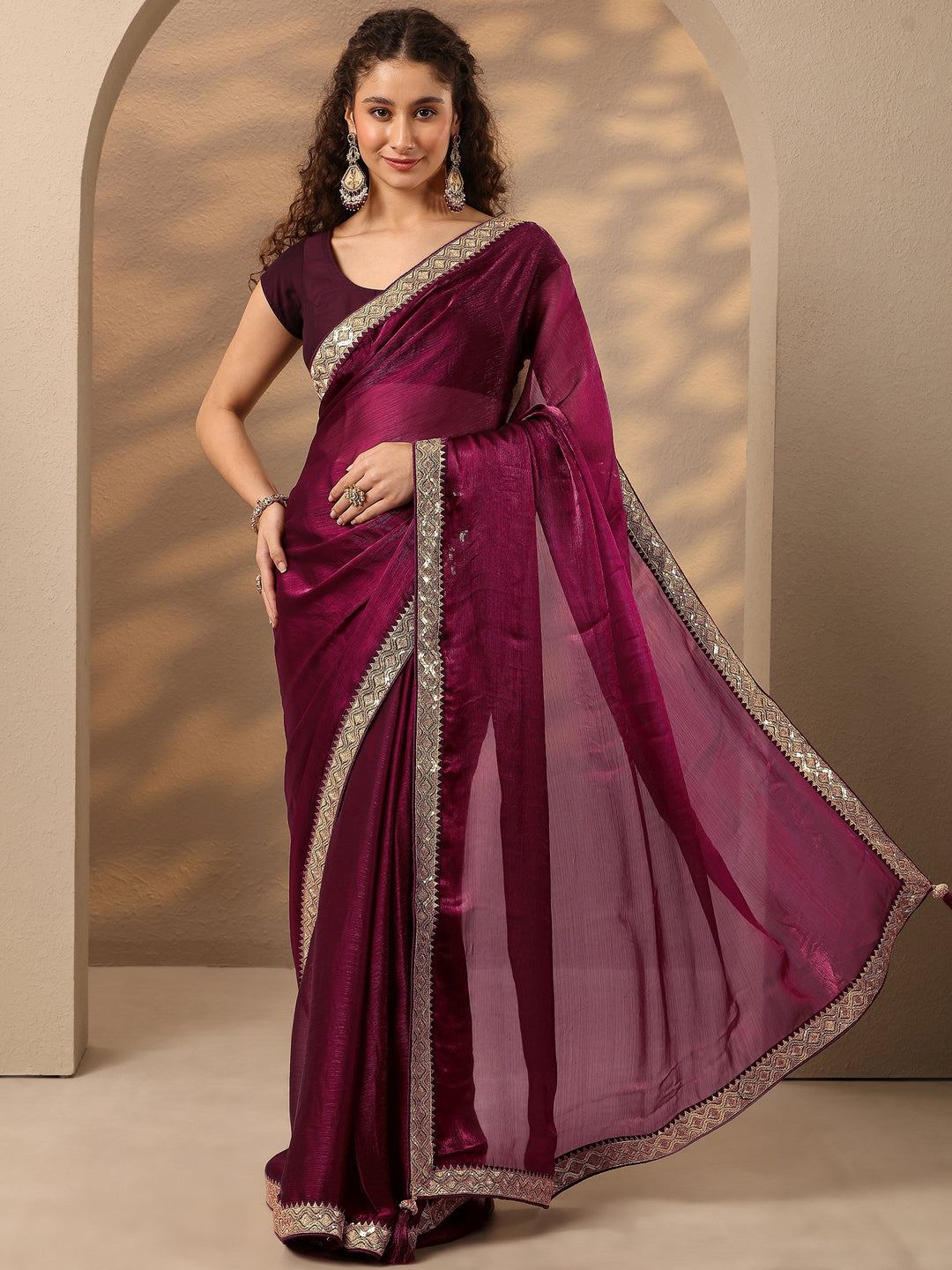 Burgundy Solid Silk Blend Saree With Unstitched Blouse Piece
