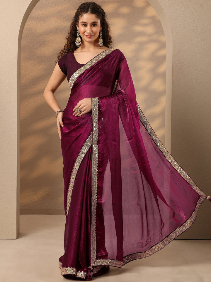 Burgundy Solid Silk Blend Saree With Unstitched Blouse Piece