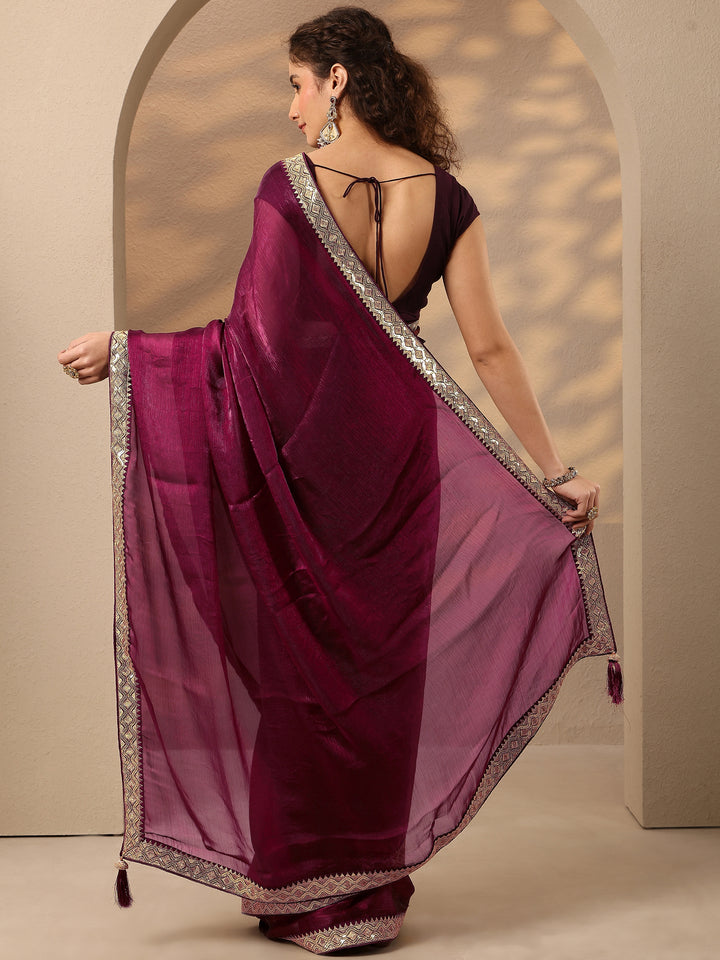 Burgundy Solid Silk Blend Saree With Unstitched Blouse Piece