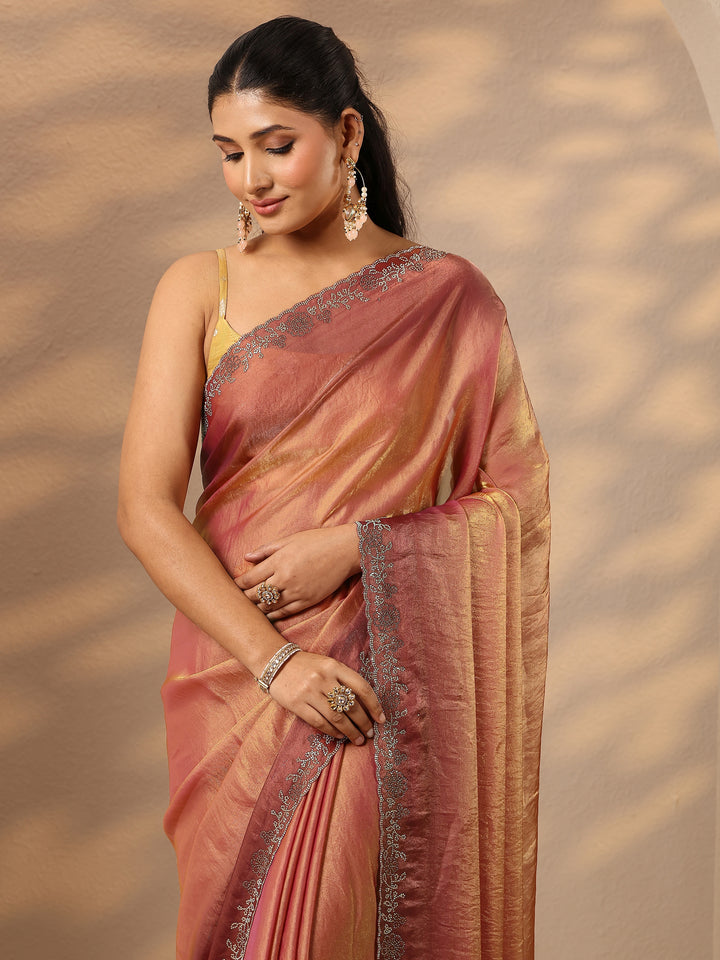Mauve Solid Silk Blend Saree With Unstitched Blouse Piece