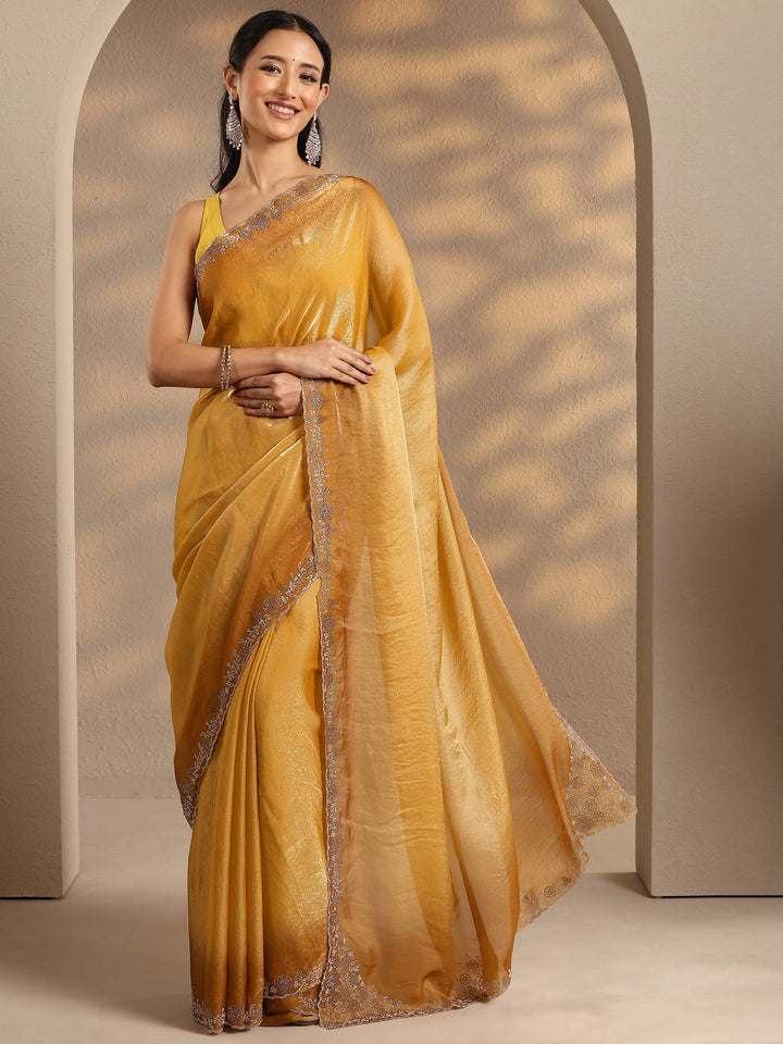 Mustard Solid Silk Blend Saree With Unstitched Blouse Piece