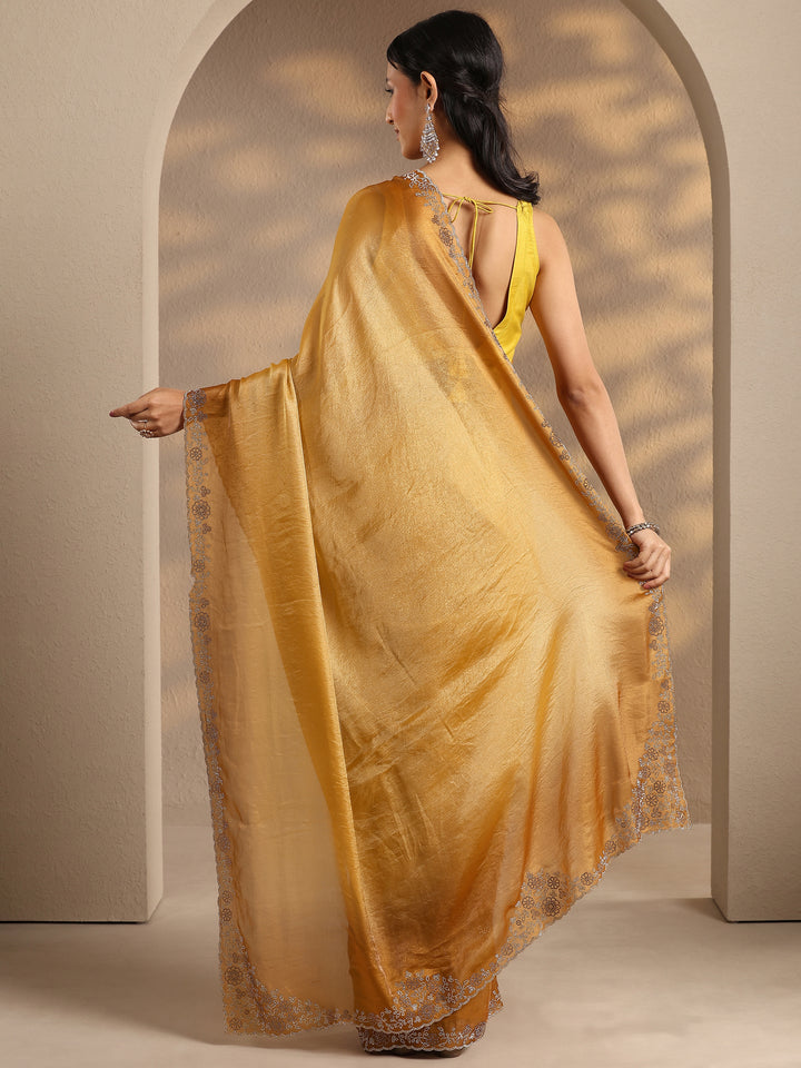 Mustard Solid Silk Blend Saree With Unstitched Blouse Piece