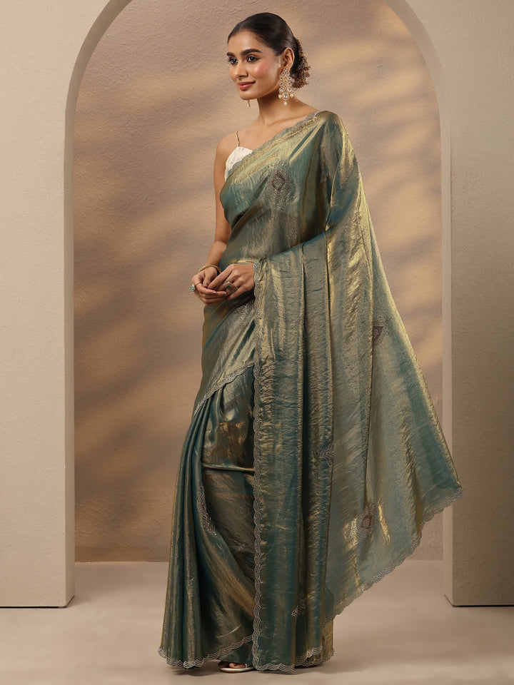 Green Embellished Silk Blend Saree With Unstitched Blouse Piece
