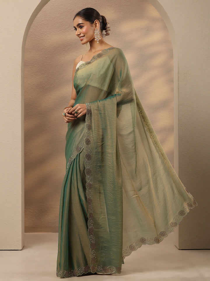 Green Embellished Silk Blend Saree With Unstitched Blouse Piece
