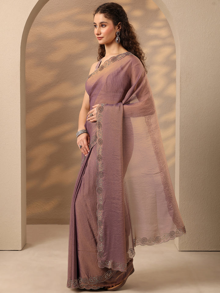 Purple Solid Silk Blend Saree With Unstitched Blouse Piece