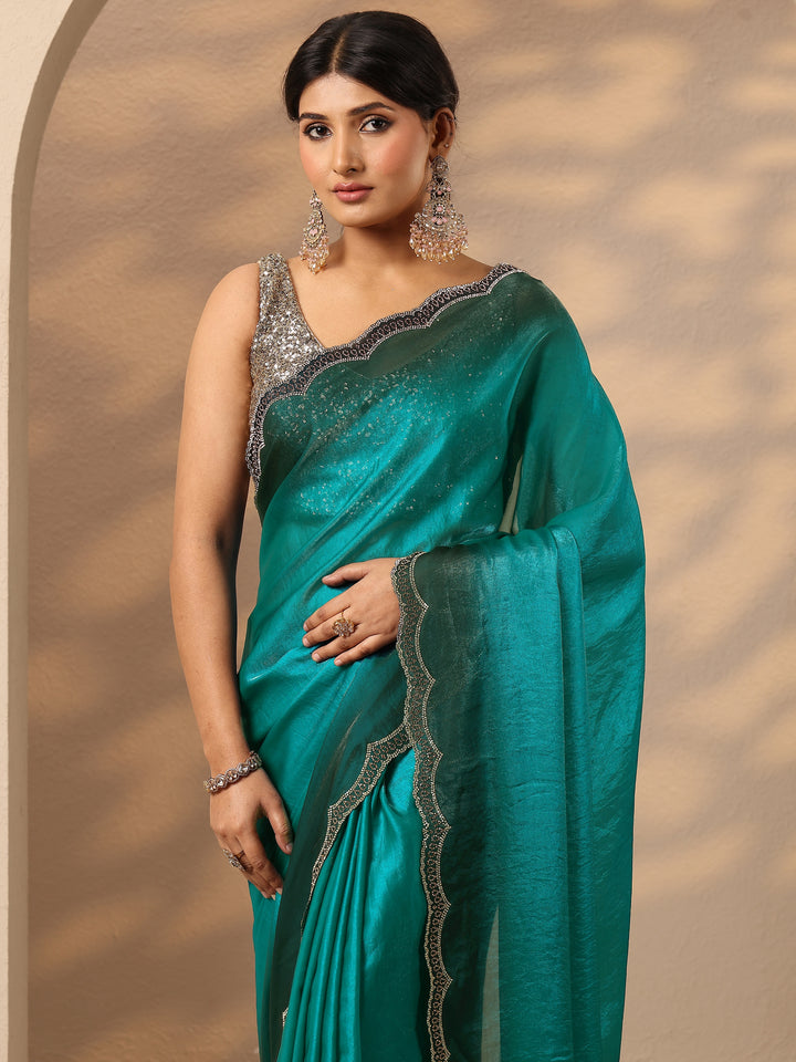 Teal Solid Silk Blend Saree With Unstitched Blouse Piece