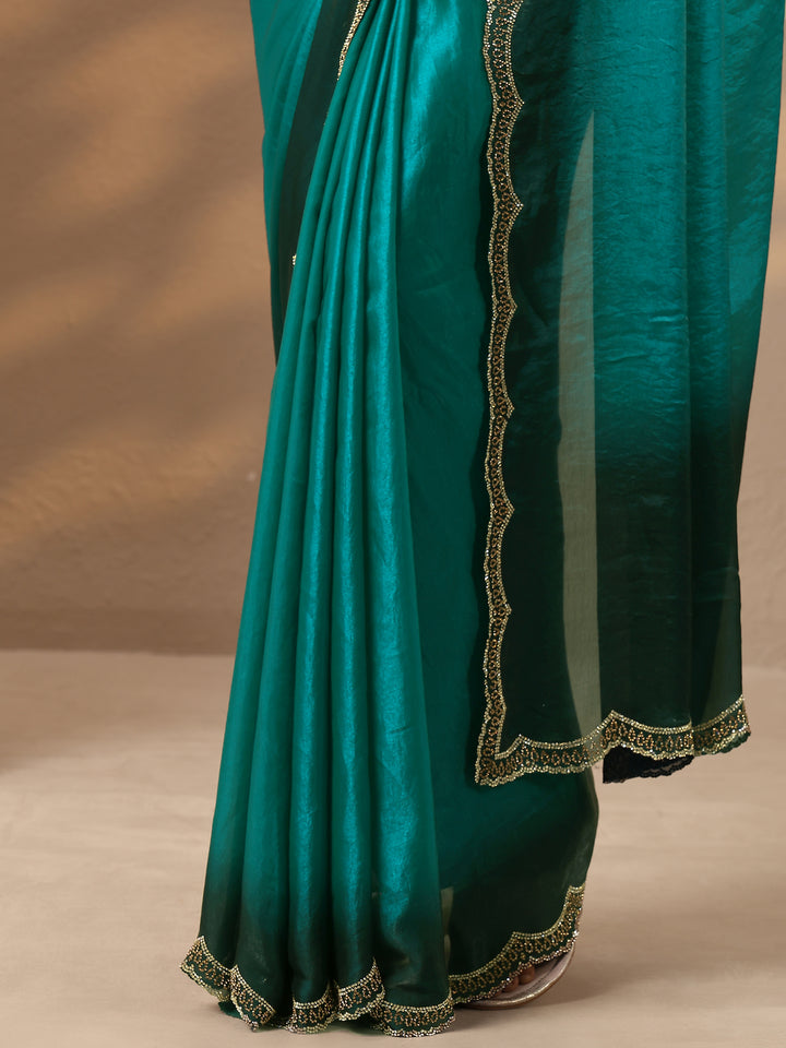 Teal Solid Silk Blend Saree With Unstitched Blouse Piece