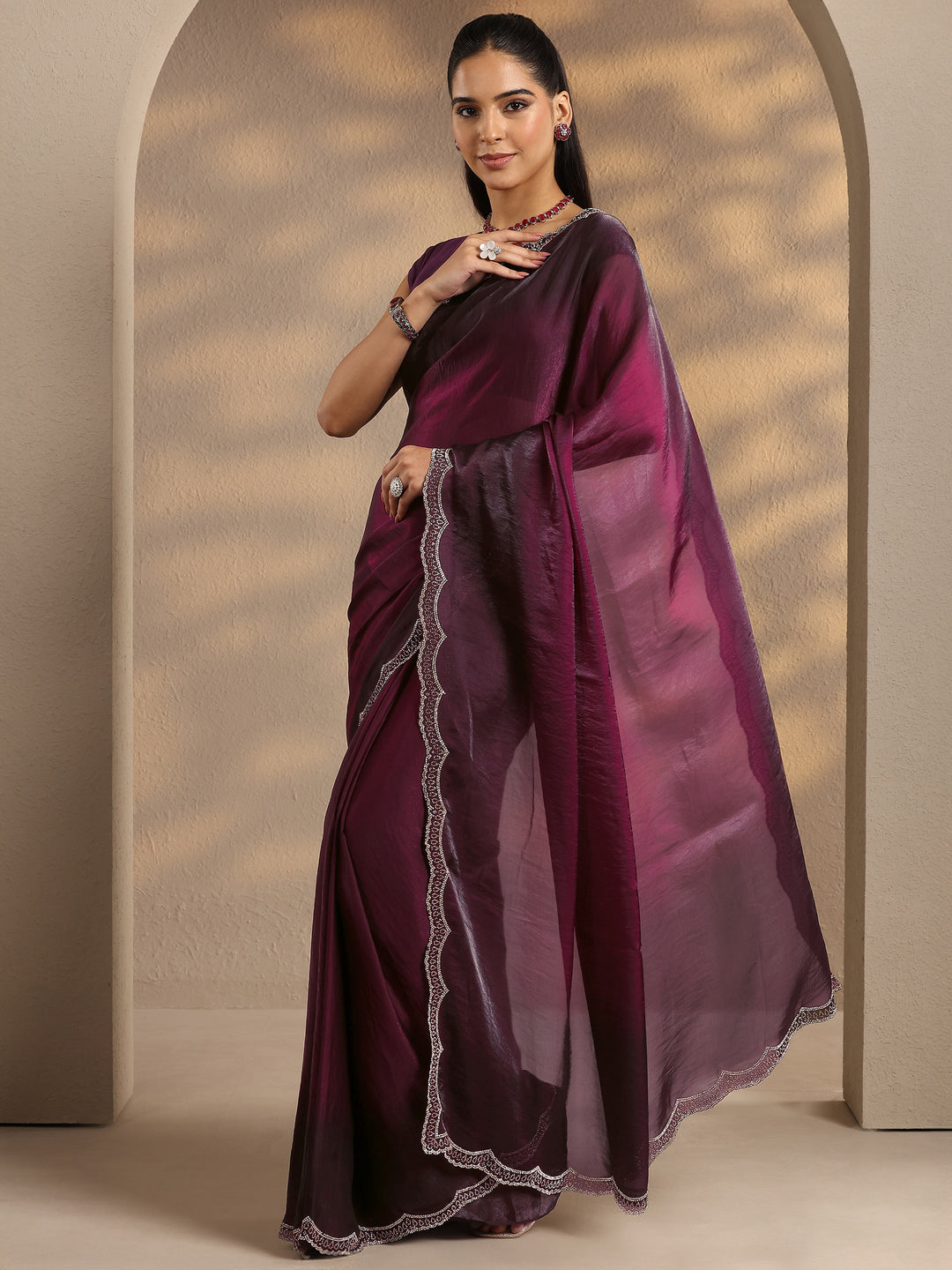 Burgundy Solid Silk Blend Saree With Unstitched Blouse Piece